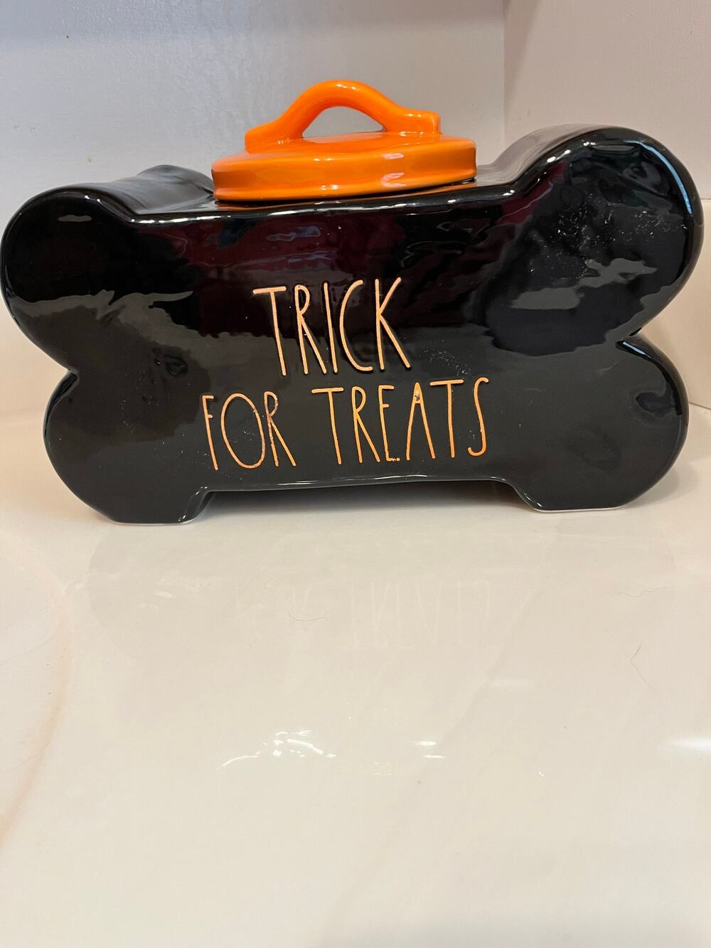 Rae Dunn“trick for treats” Halloween 10”x7”x6”ceramic dog treat jar black/orange